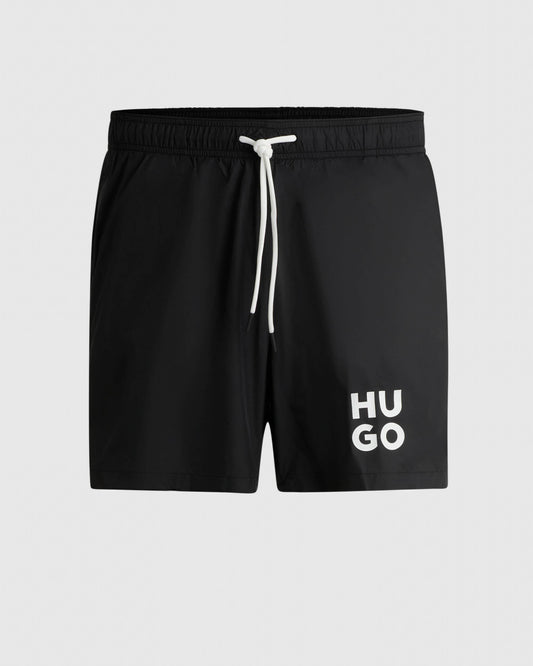 HUGO PAOL Mens Fully Lined Swim Shorts with Stacked Logo - Black 001