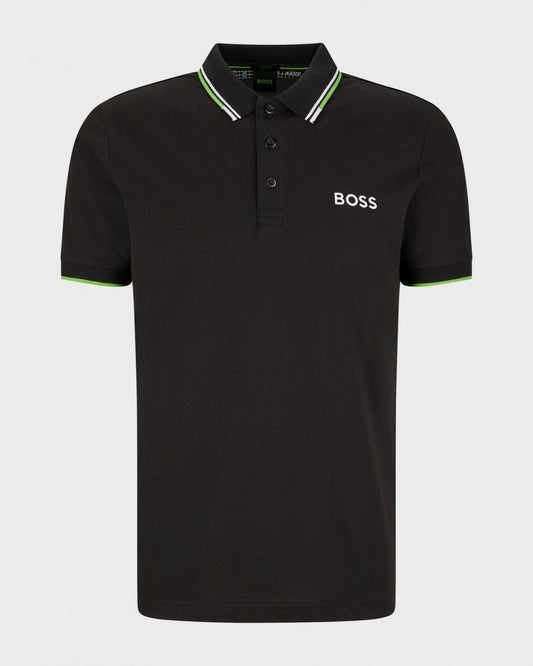 BOSS Green Paddy Pro Mens Cotton Blend Polo Shirt With Contrast Logos NOS - Black 001