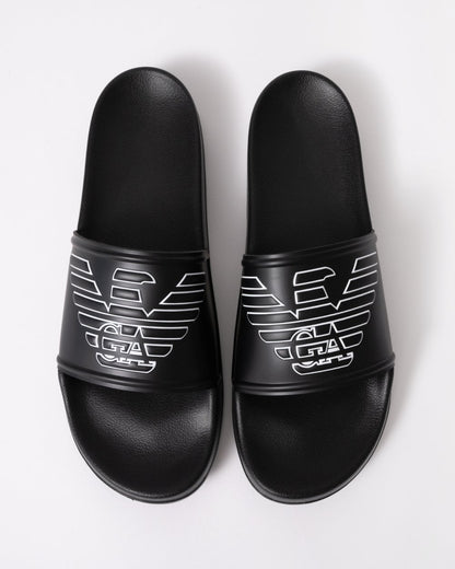 Emporio Armani Mens Embossed Eagle Slides - Black/White