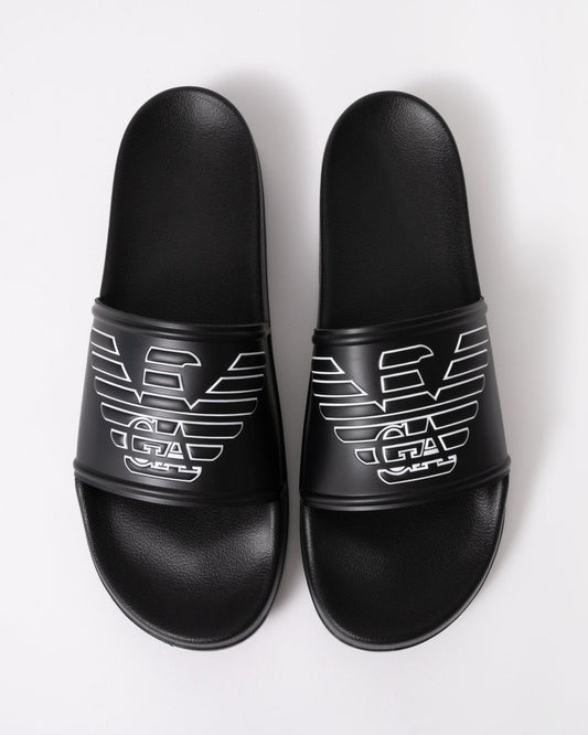 Emporio Armani Mens Embossed Eagle Slides - Black/White