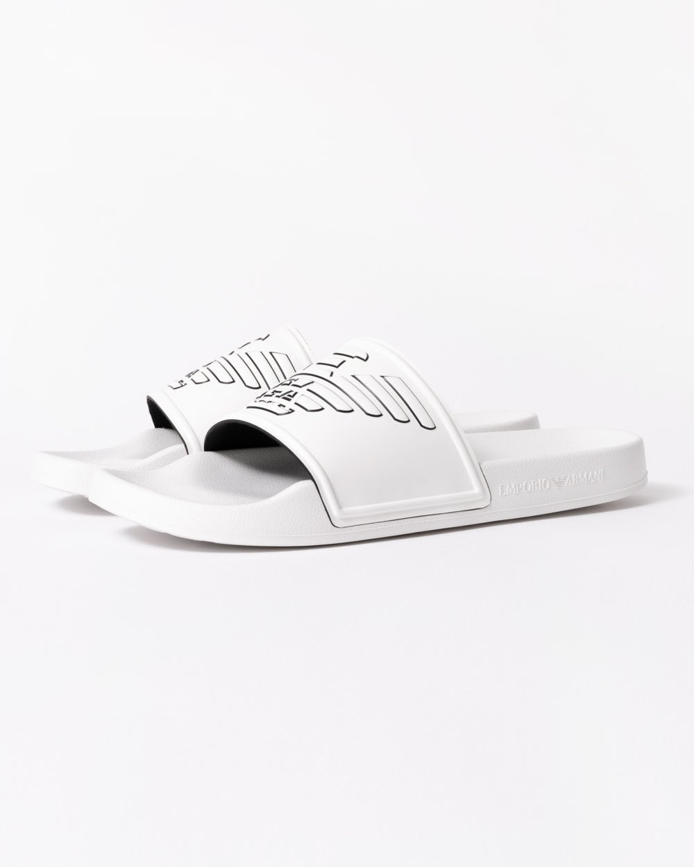 Emporio Armani Mens Embossed Eagle Slides - White/Black
