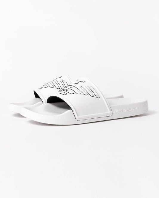 Emporio Armani Mens Embossed Eagle Slides - White/Black