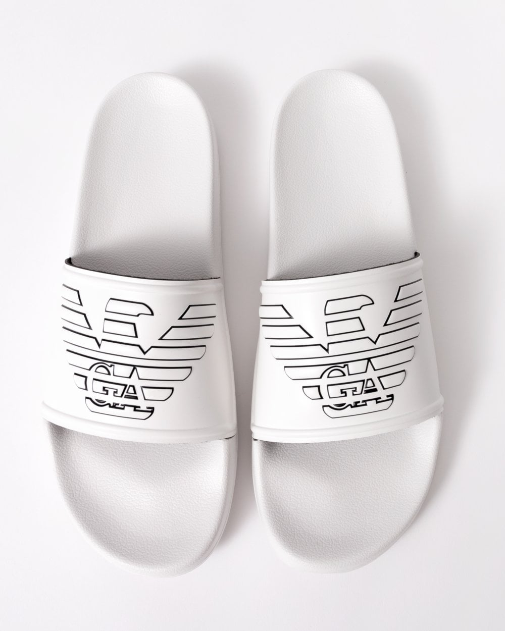 Emporio Armani Mens Embossed Eagle Slides - White/Black