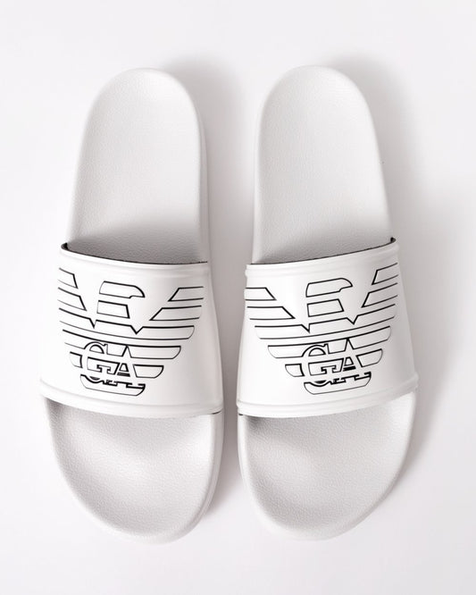 Emporio Armani Mens Embossed Eagle Slides - White/Black