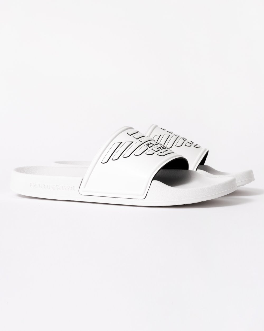 Emporio Armani Mens Embossed Eagle Slides - White/Black