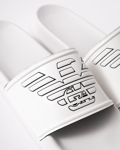 Emporio Armani Mens Embossed Eagle Slides - White/Black