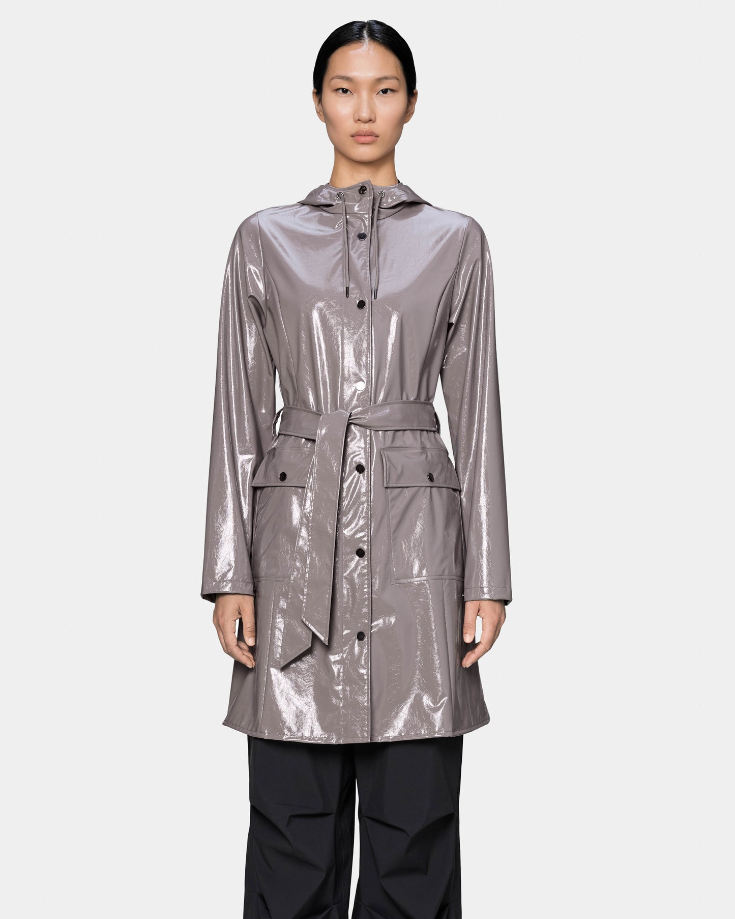 Rains Curve Long Womens Jacket - 194 Cinder Glaze. Front. 