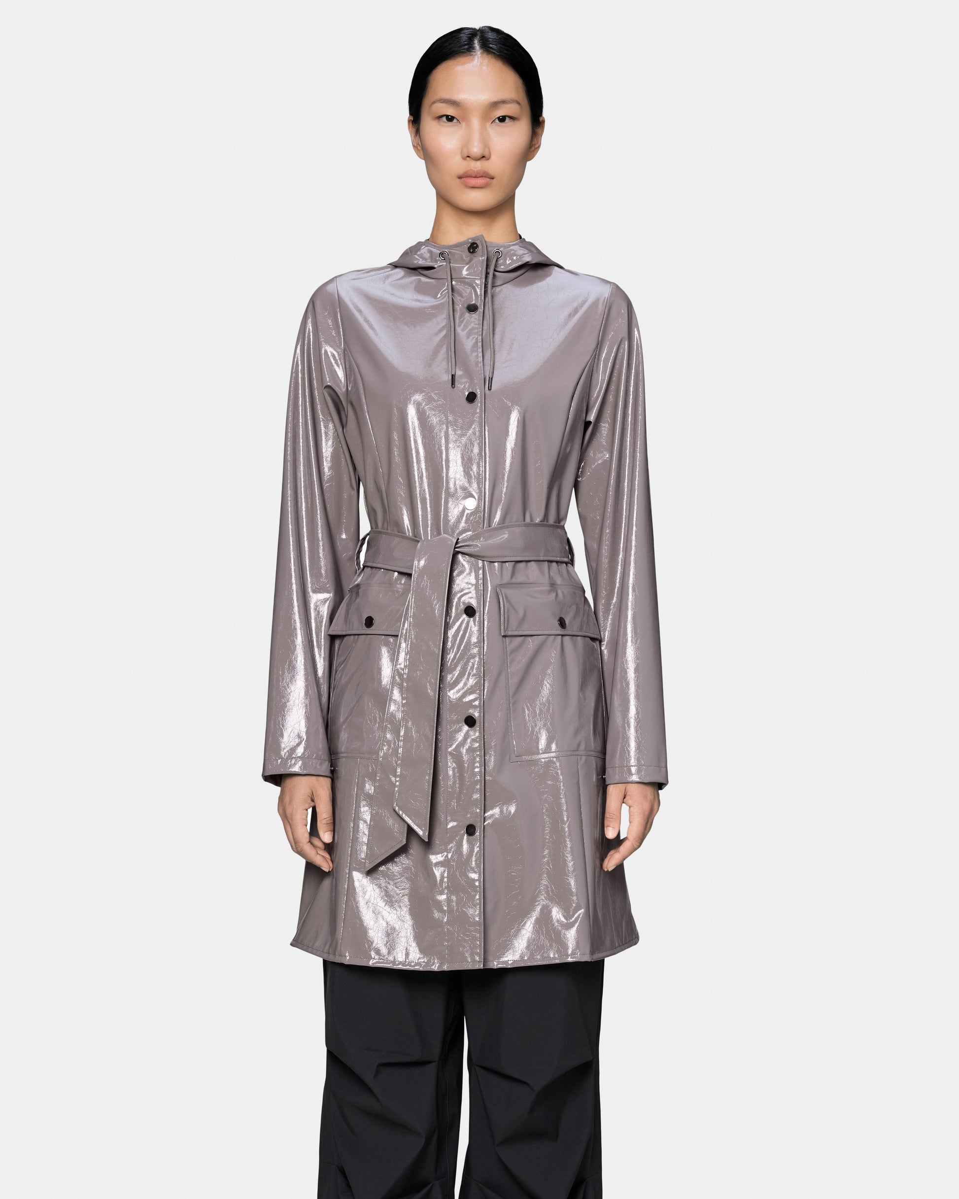 Rains Curve Long Womens Jacket - 194 Cinder Glaze. Front. 