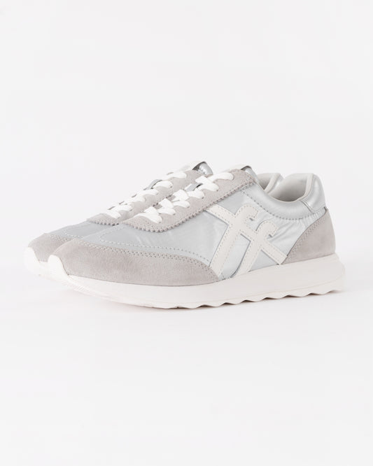 FitFlop Womens Retro-Q FF Metallic-Fabric/Suede Trainers - Silver/Urban White E11