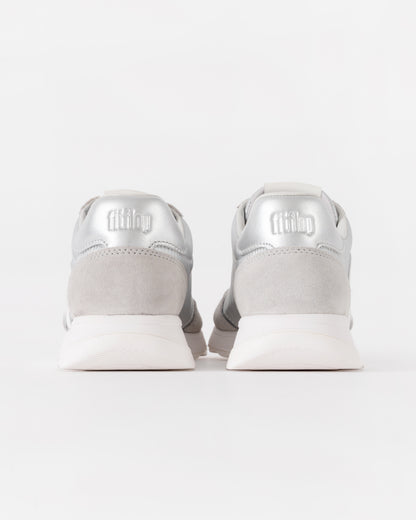 FitFlop Womens Retro-Q FF Metallic-Fabric/Suede Trainers - Silver/Urban White E11 | CHO | Designer Womens Trainers