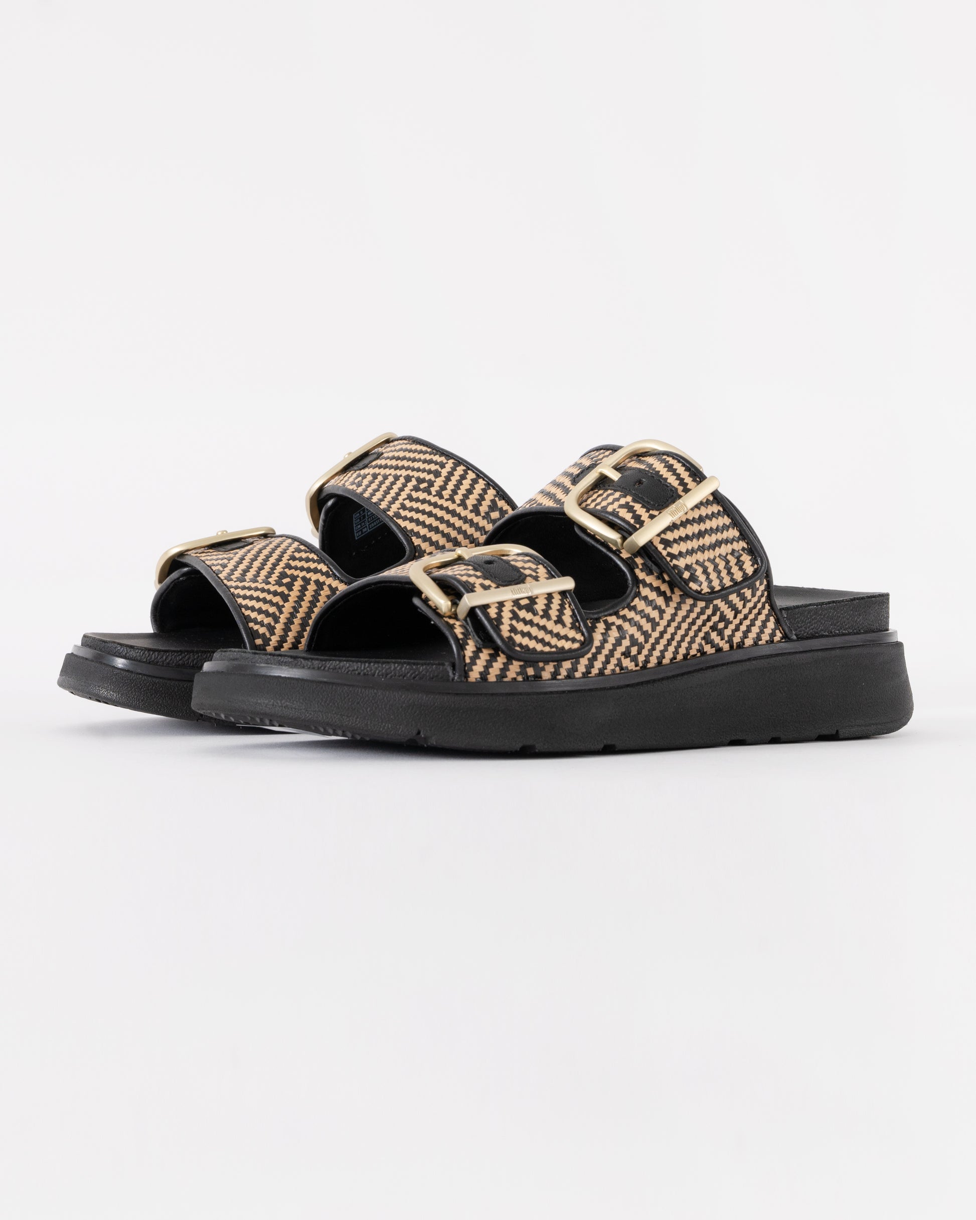 FitFlop Womens GEN-FF Buckle Graphic-Weave Two-Bar Slides - Black 001 | CHO | Designer Womens Sandals