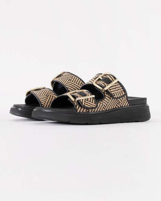 FitFlop Womens GEN-FF Buckle Graphic-Weave Two-Bar Slides - Black 001