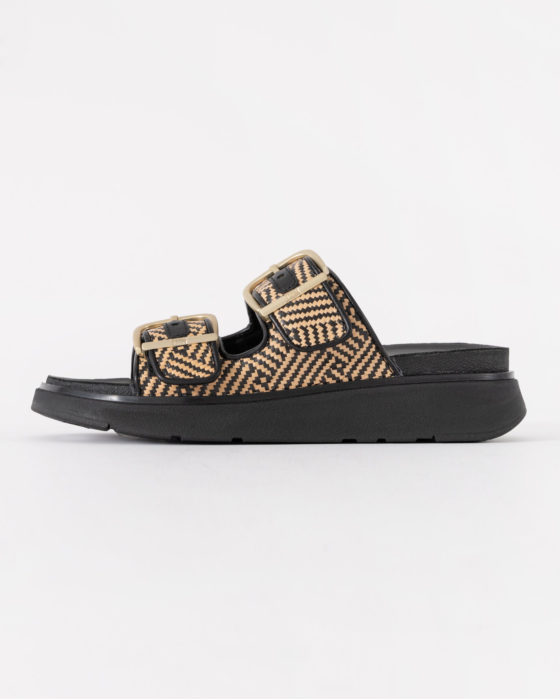 FitFlop Womens GEN-FF Buckle Graphic-Weave Two-Bar Slides - Black 001 | CHO | Designer Womens Sandals