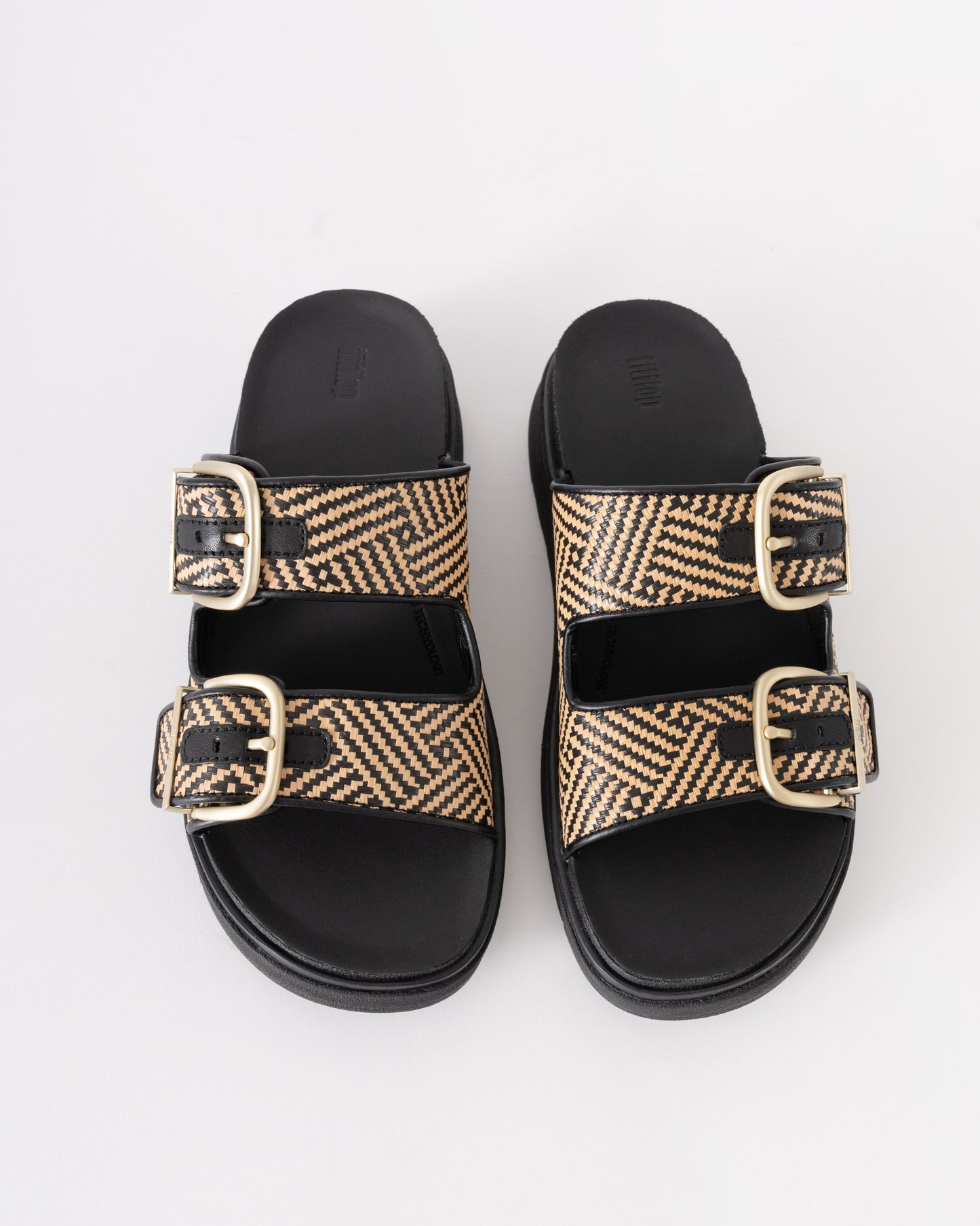 FitFlop Womens GEN-FF Buckle Graphic-Weave Two-Bar Slides - Black 001 | CHO | Designer Womens Sandals