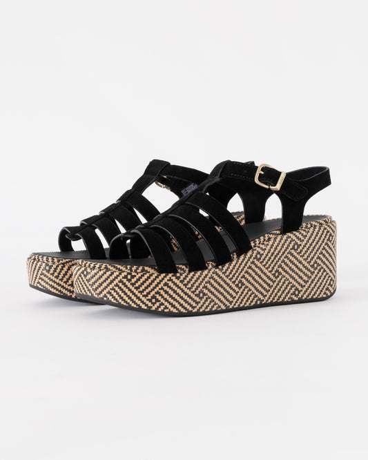 FitFlop Womens PLATFFORMS Graphic-Weave Suede Fisherman Sandals - Black 001