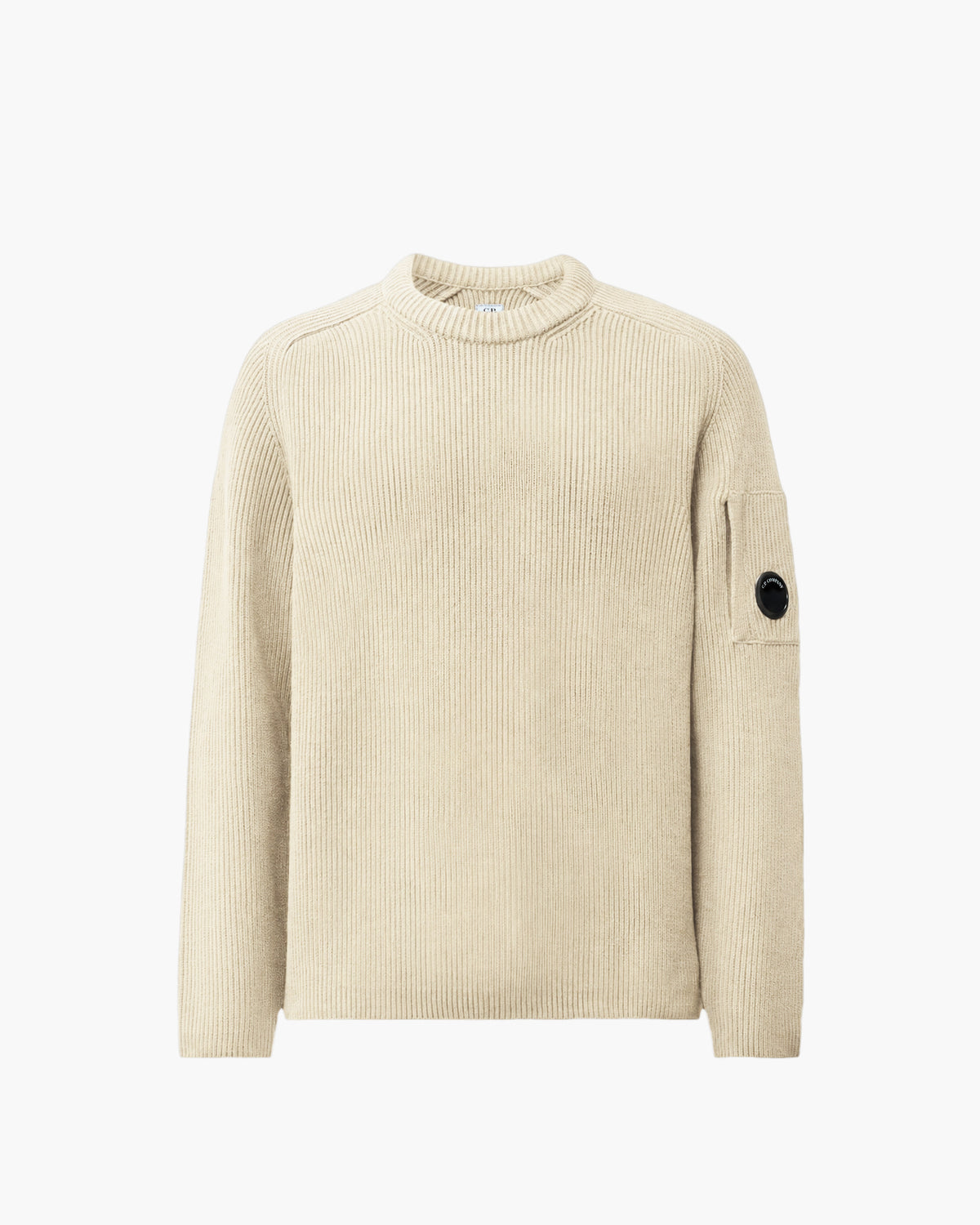 C.P. Company Lens Full Rib Cotton Crew Neck Mens Jumper - Silver Birch 120 | CHO | Designer Mens Crew Neck Jumpers