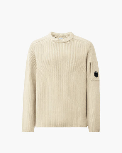 C.P. Company Lens Full Rib Cotton Crew Neck Mens Jumper - Silver Birch 120 | CHO | Designer Mens Crew Neck Jumpers