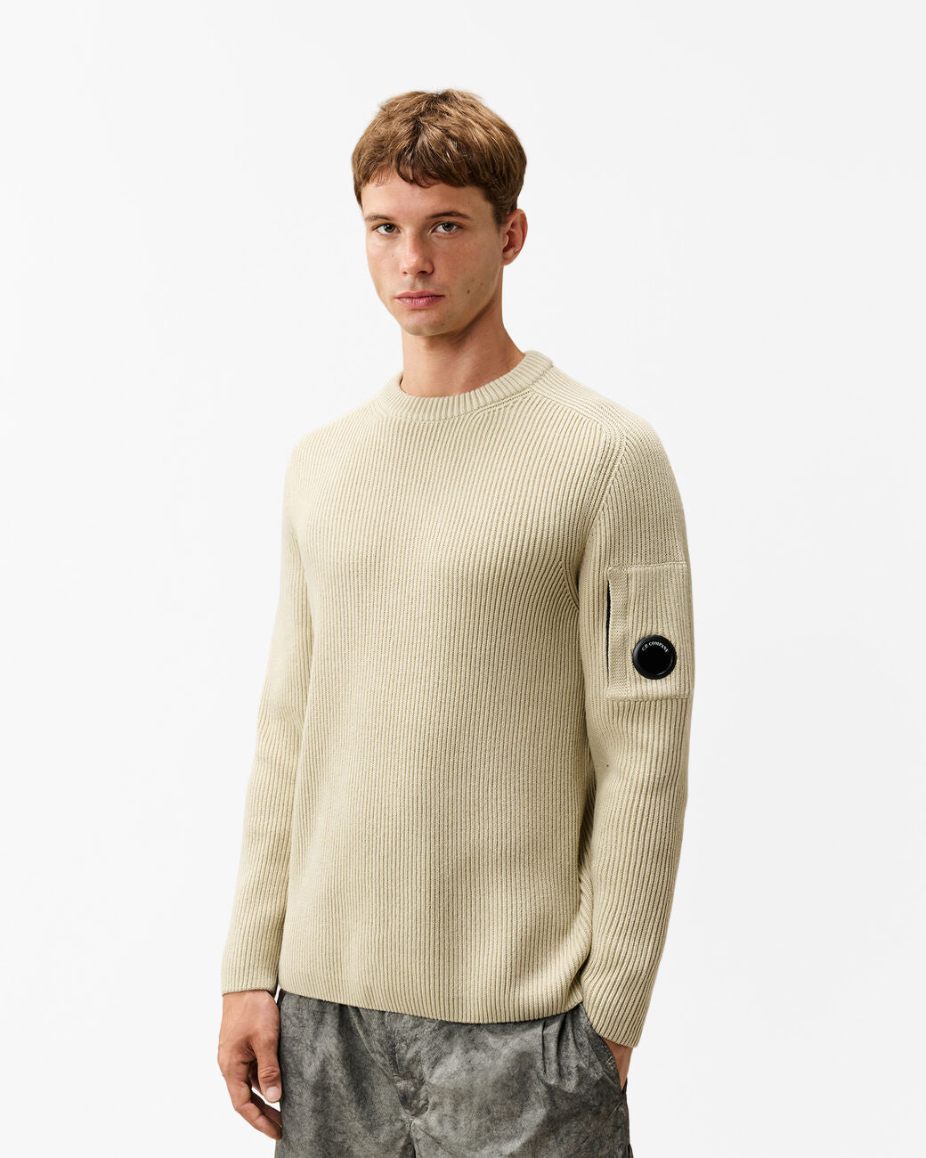 C.P. Company Lens Full Rib Cotton Crew Neck Mens Jumper - Silver Birch 120 | CHO | Designer Mens Crew Neck Jumpers
