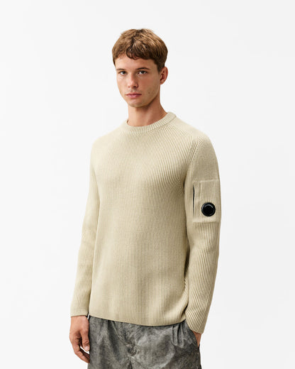 C.P. Company Lens Full Rib Cotton Crew Neck Mens Jumper - Silver Birch 120 | CHO | Designer Mens Crew Neck Jumpers