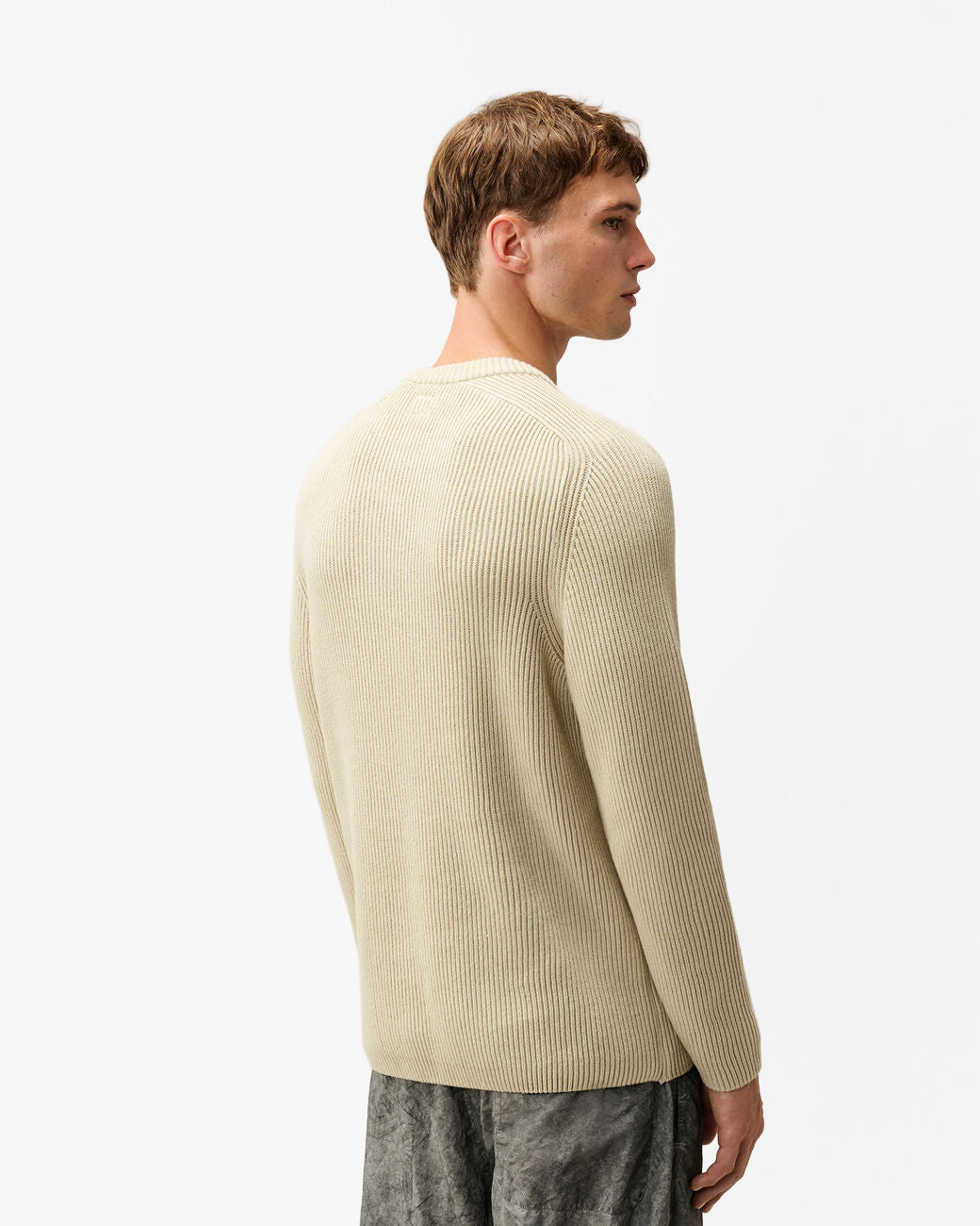 C.P. Company Lens Full Rib Cotton Crew Neck Mens Jumper - Silver Birch 120 | CHO | Designer Mens Crew Neck Jumpers