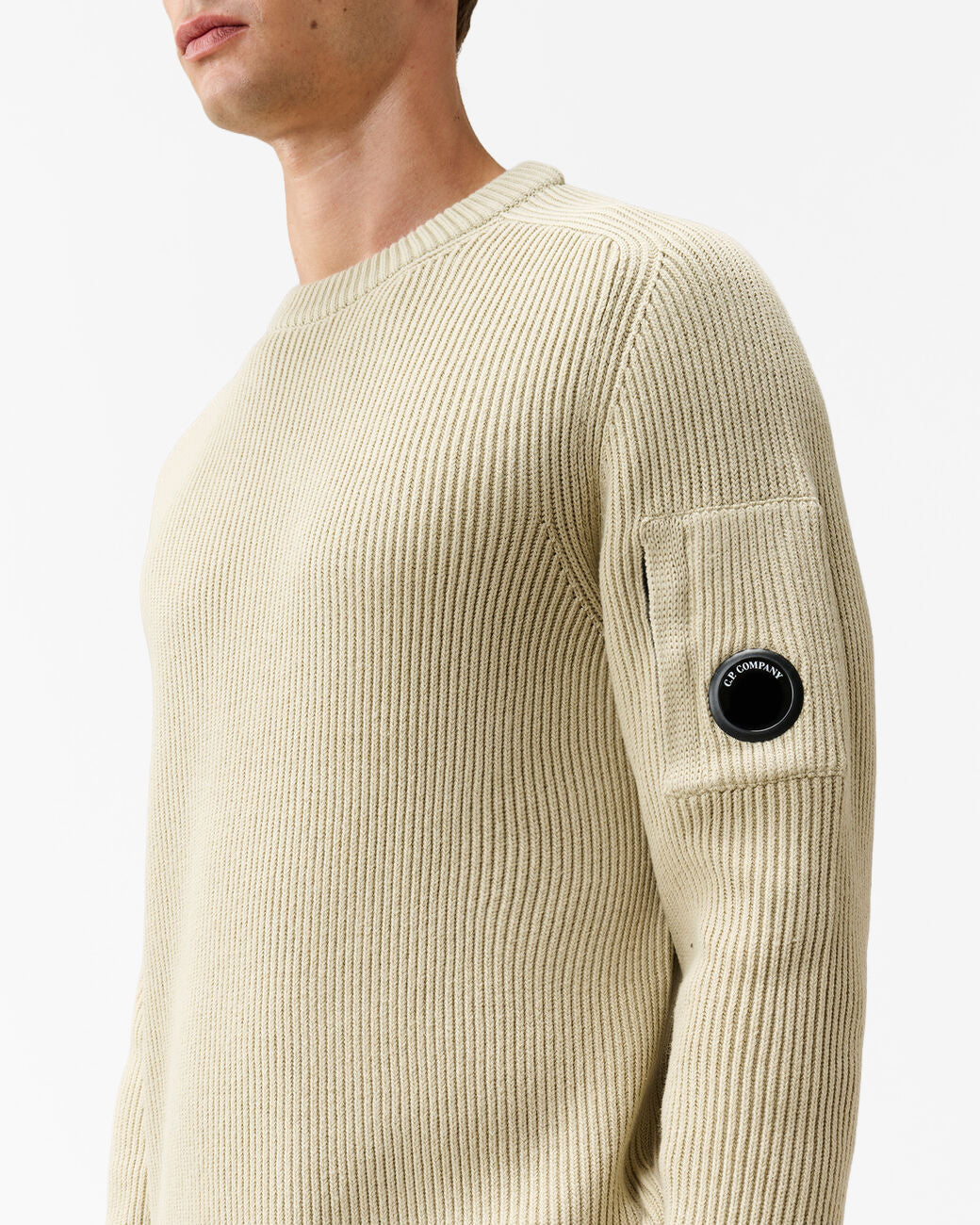 C.P. Company Lens Full Rib Cotton Crew Neck Mens Jumper - Silver Birch 120 | CHO | Designer Mens Crew Neck Jumpers