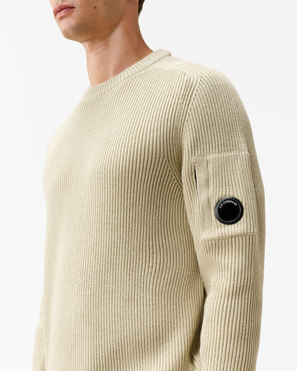 C.P. Company Lens Full Rib Cotton Crew Neck Mens Jumper - Silver Birch 120 | CHO | Designer Mens Crew Neck Jumpers