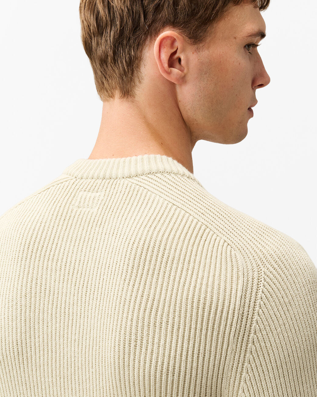 C.P. Company Lens Full Rib Cotton Crew Neck Mens Jumper - Silver Birch 120 | CHO | Designer Mens Crew Neck Jumpers