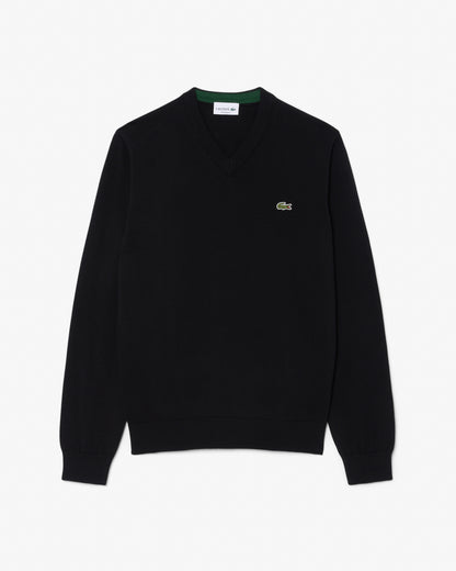 Lacoste Monochrome Jersey Mens V Neck Sweater - Black 031 | CHO | Designer Mens Sweatshirts