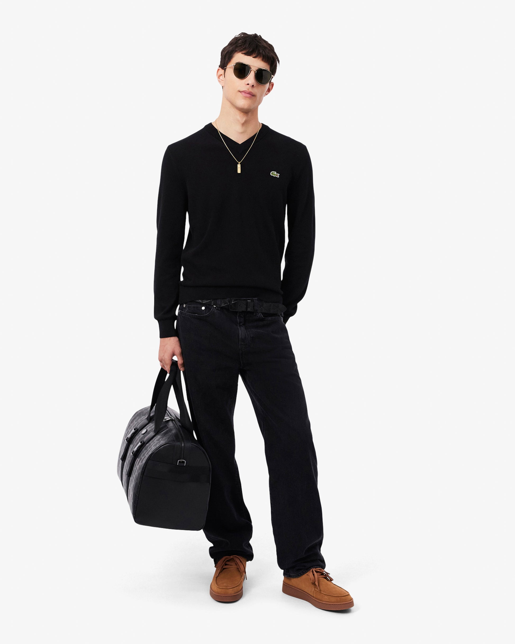 Lacoste Monochrome Jersey Mens V Neck Sweater - Black 031 | CHO | Designer Mens Sweatshirts