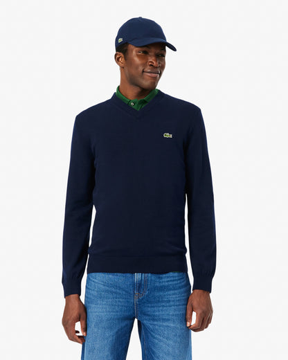 Lacoste Monochrome Jersey Mens V Neck Sweater - Navy Blue 166