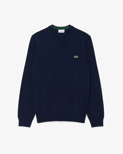 Lacoste Monochrome Jersey Mens V Neck Sweater - Navy Blue 166