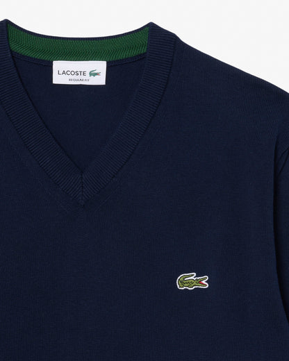 Lacoste Monochrome Jersey Mens V Neck Sweater - Navy Blue 166