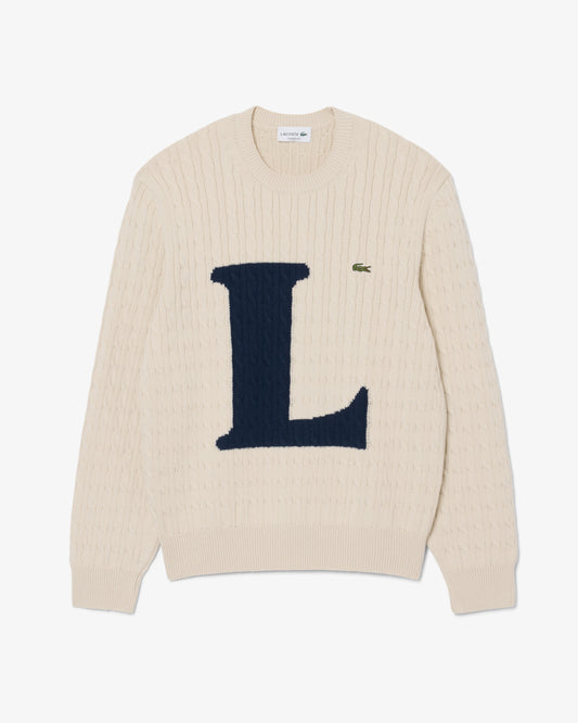 Lacoste Intarsia Mens Cable Knit Sweater - Naturel Clair/Dark Navy Blue UN5 | CHO | Designer Mens Sweatshirts