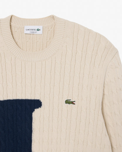 Lacoste Intarsia Mens Cable Knit Sweater - Naturel Clair/Dark Navy Blue UN5