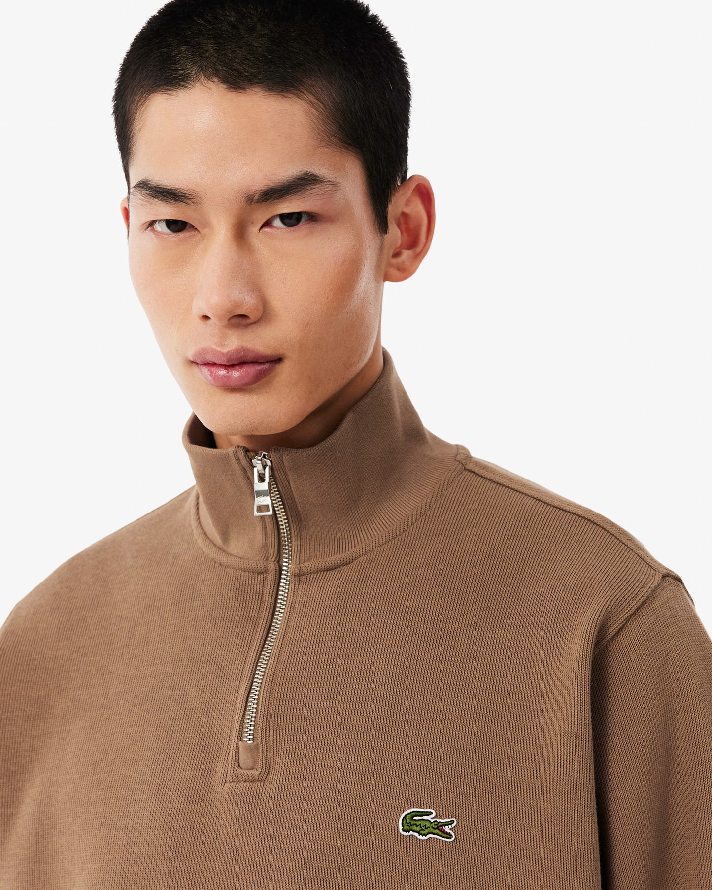 Lacoste Mens Zippered Stand-Up Collar Cotton Sweatshirt - Cookie SIX