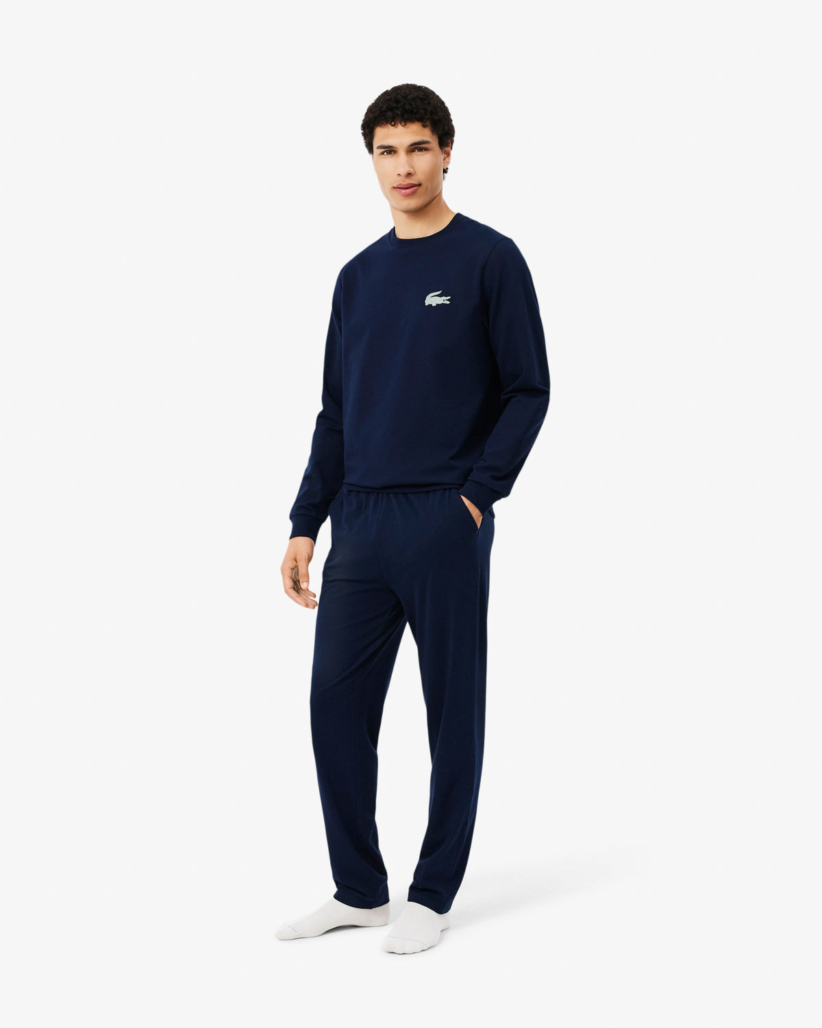 Lacoste Fleece Mens Lounge Hoodie - Navy Blue/White 525