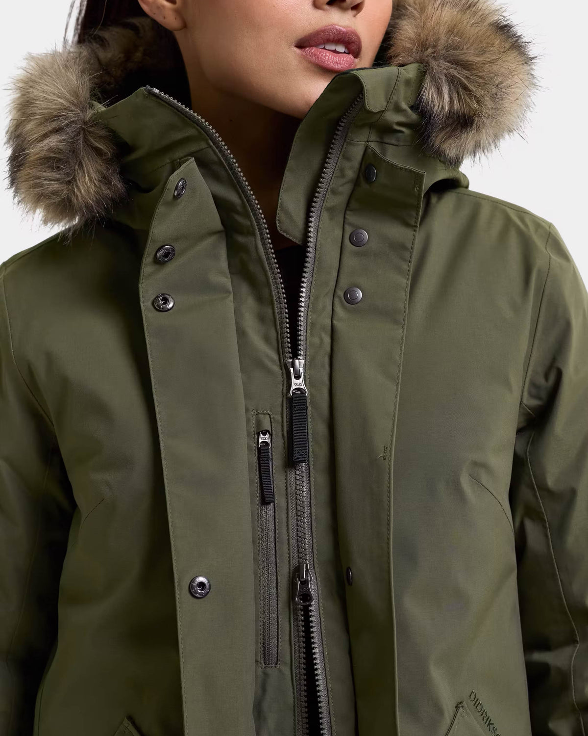 Didriksons Womens Erna Parka 2 - Deep Green 300 zip/collar detail