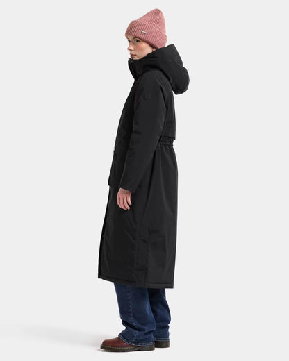 Didriksons Womens Melody Long Parka 2 - Black 060 full length side profile