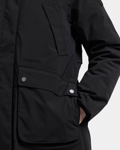 Didriksons Womens Melody Long Parka 2 - Black 060 pocket detail