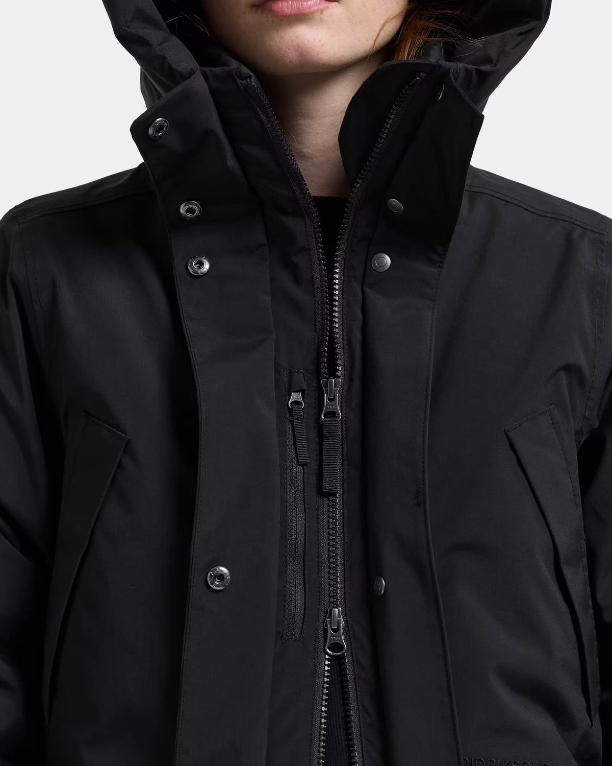 Didriksons Womens Melody Long Parka 2 - Black 060 Didriksons Womens Melody Long Parka 2 - Black 060 zip detail