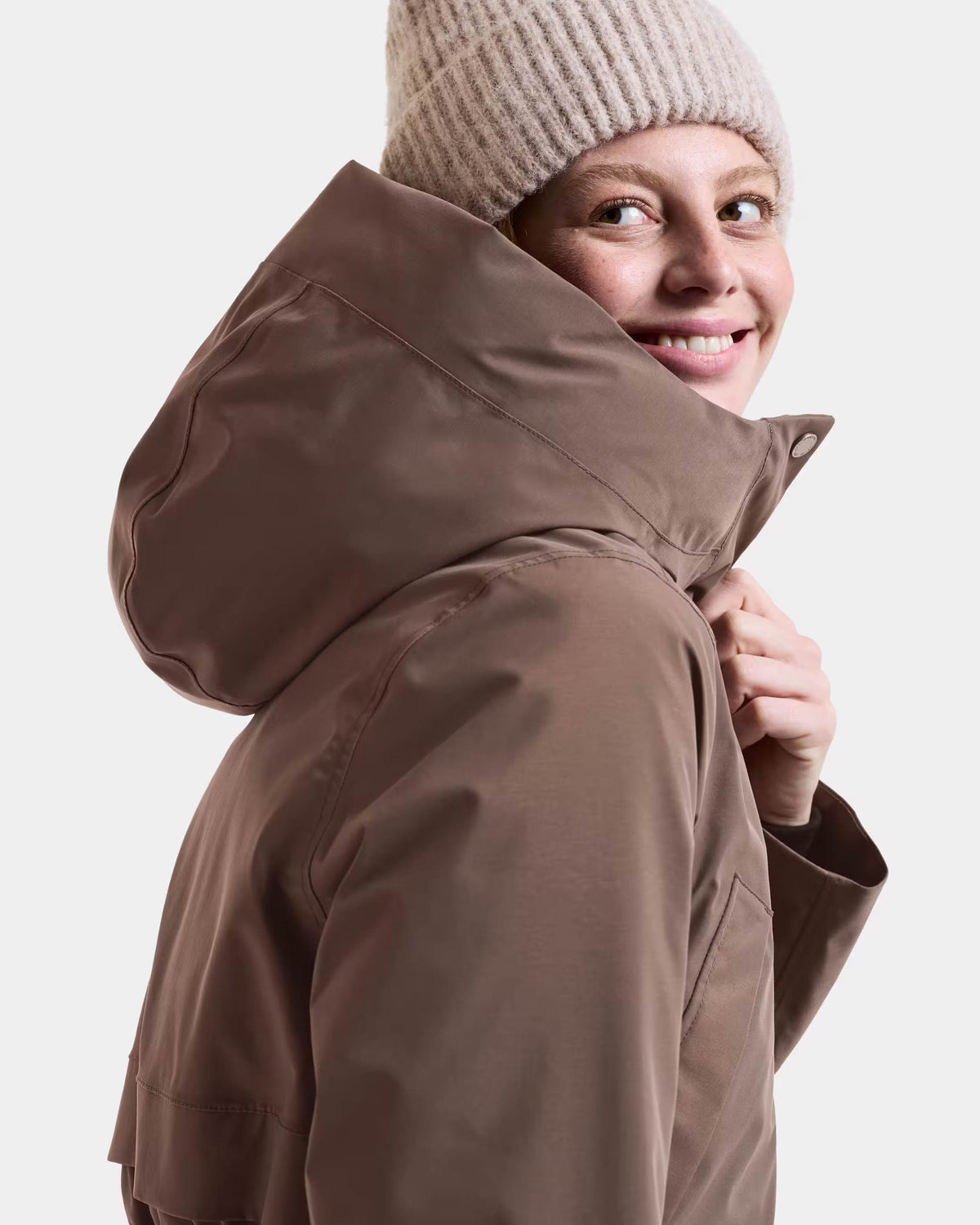Didriksons Womens Melody Long Parka 2 - Mocha Brown F07 hood detail