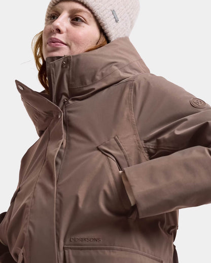 Didriksons Womens Melody Long Parka 2 - Mocha Brown F07 hand warmer detail