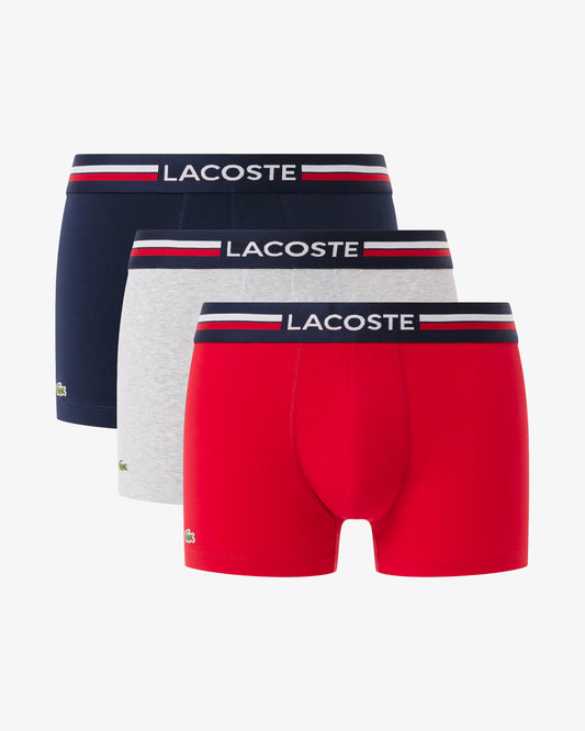 Lacoste 3-Pack Tricolour Waist Stretch Cotton Mens Trunks - Navy Blue/Silver Chine-Red W34
