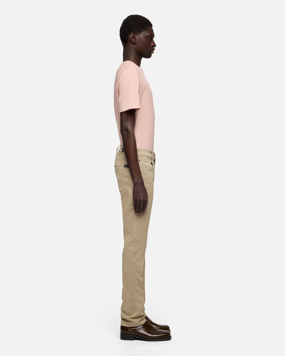 7 For All Mankind SLIMMY Mens Slim Fit Stretch Sateen Jeans - Shadow Beige full length side profile