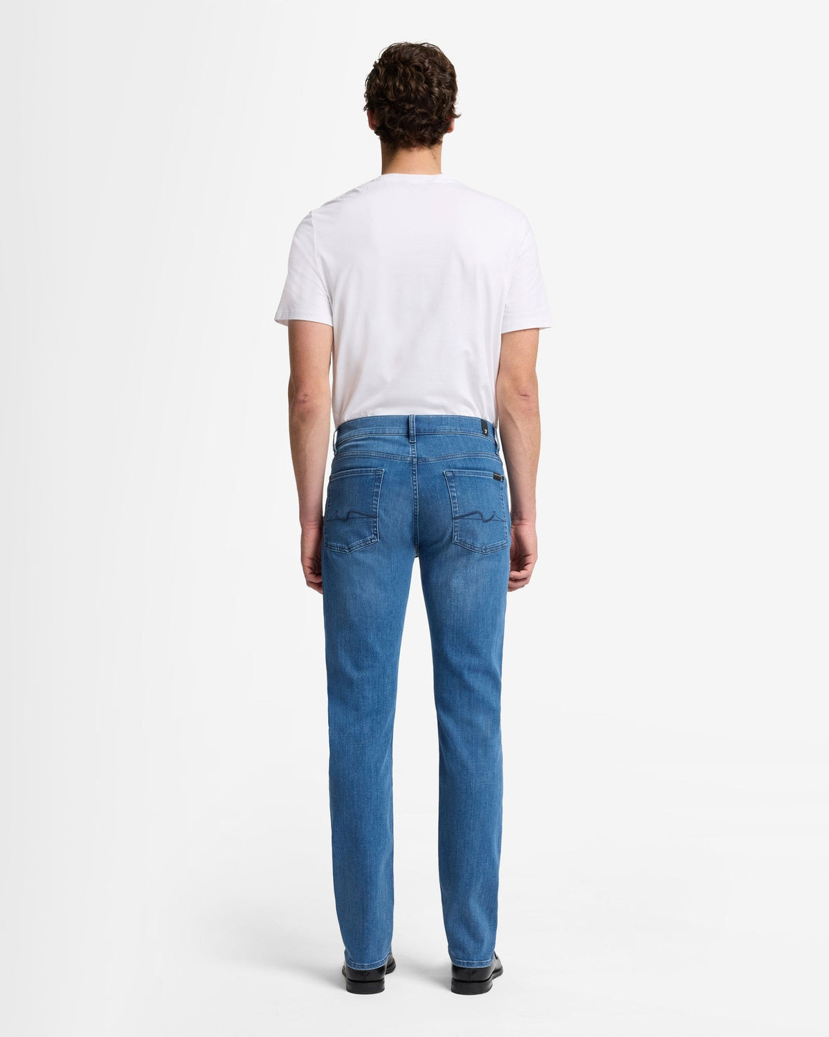 7 For All Mankind SLIMMY Mens Slim Fit Luxe Performance Eco Denim Jeans - Mid Blue full length back