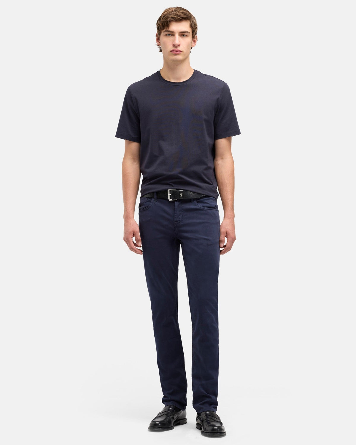 7 For All Mankind SLIMMY Mens Slim Fit Luxe Performance Plus Stretch Sateen Jeans - Navy full length front