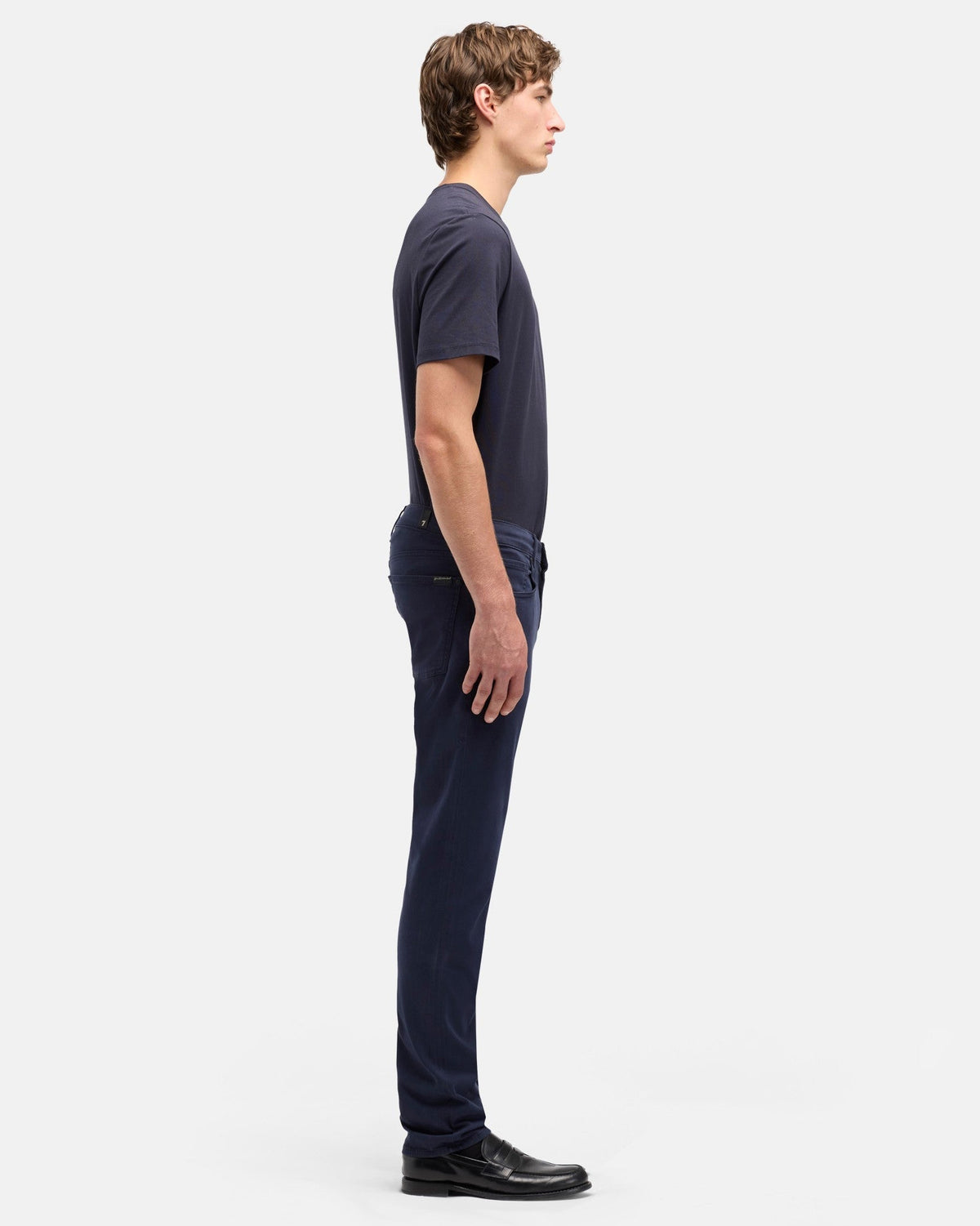 7 For All Mankind SLIMMY Mens Slim Fit Luxe Performance Plus Stretch Sateen Jeans - Navy full length side profile