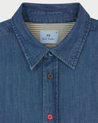 PS Paul Smith Mens Long Sleeve Tailored Fit Denim Shirt SS Buttons - MD Blue - CHO - Designer Mens Shirts