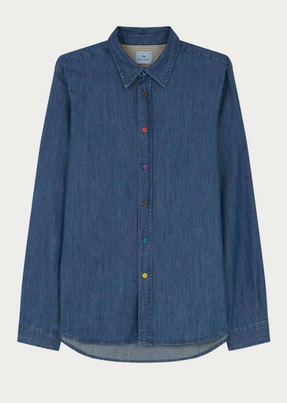 PS Paul Smith Mens Long Sleeve Tailored Fit Denim Shirt SS Buttons - MD Blue - CHO - Designer Mens Shirts