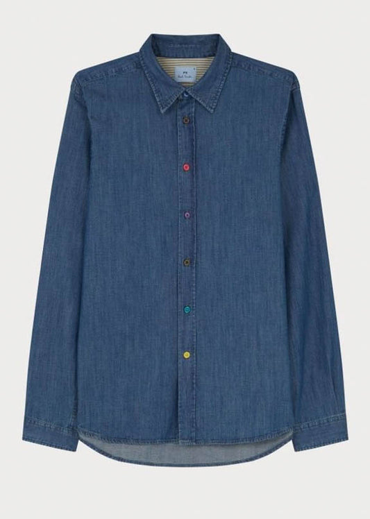 PS Paul Smith Mens Long Sleeve Tailored Fit Denim Shirt SS Buttons - MD Blue - CHO - Designer Mens Shirts